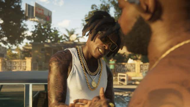 Two charcters shake hands in the first trailer for Grand Theft Auto 6.