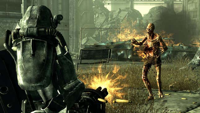 A screenshot of Fallout 3 showing a soldier attacking a zombie. 