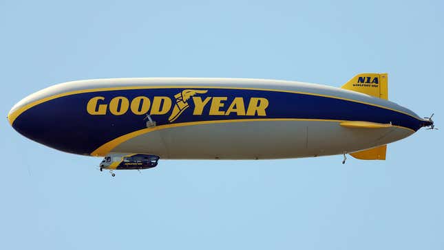 The Goodyear Blimp hovers over the 4th fairway during the third round of the Memorial Tournament presented by Workday at Muirfield Village Golf Club on June 8, 2024 in Dublin, Ohio.