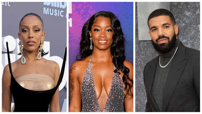 Doja Cat, left; Ari Lennox, Drake.