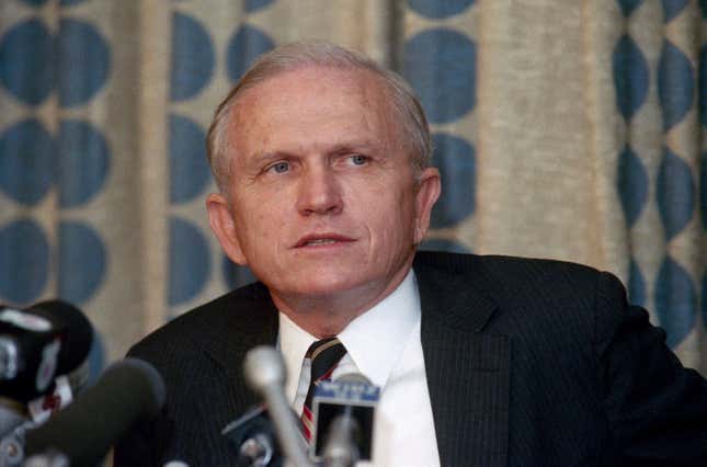 FILE - Frank Borman ponders a question at news conference in Miami, June 3, 1986. Borman, who commanded Apollo 8&#39;s historic Christmas 1968 flight that circled the moon 10 times and paved the way for the lunar landing seven months later, has died. He was 95. Borman died Tuesday, Nov. 7, 2023, in Billings, Mont., according to a NASA statement Thursday, Nov. 9. (AP Photo/Doug Jennings, File)