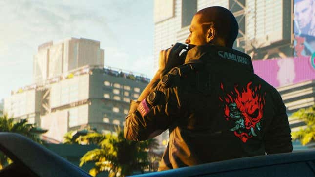 Cyberpunk 2077's V puffs on a cigarette as the sun sets on what might have been. 