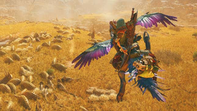 Ein fliegendes Reittier mit einem Spielerreiter in Monster Hunter Wilds.