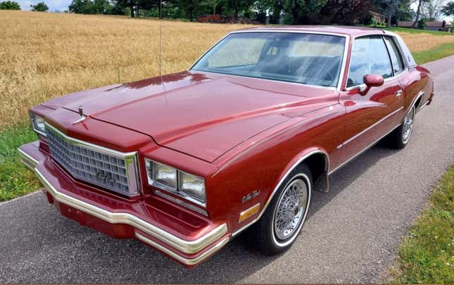 A red 1980 Chevrolet Monte Carlo parked on a narrow drive by a field of golden grass gone to seed. There's trees and a house far in the background