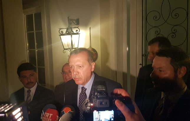 Turkish President Tayyip Erdogan speaks to media in the resort town of Marmaris, Turkey, July 15, 2016.