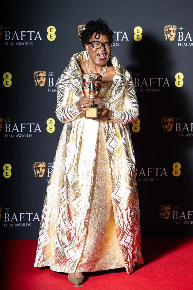 June Givanni poses with the Outstanding British Contribution to Cinema Award in the winners room at the 2024 EE BAFTA Film Awards at The Royal Festival Hall on February 18, 2024 in London, England.