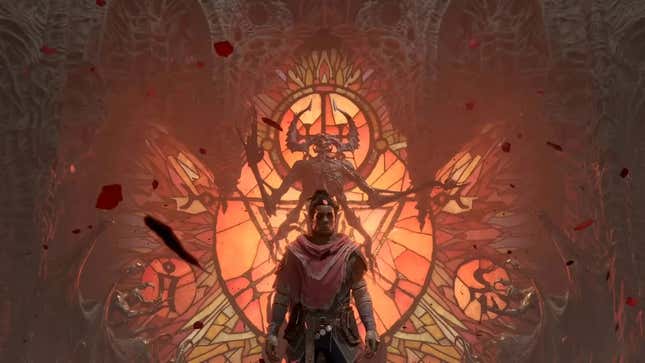 A rogue stands beneath the stained glass depiction of a prime evil. 