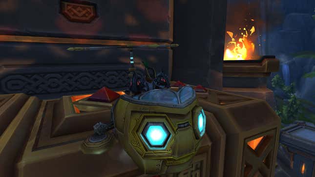 A player character sits in a mount.