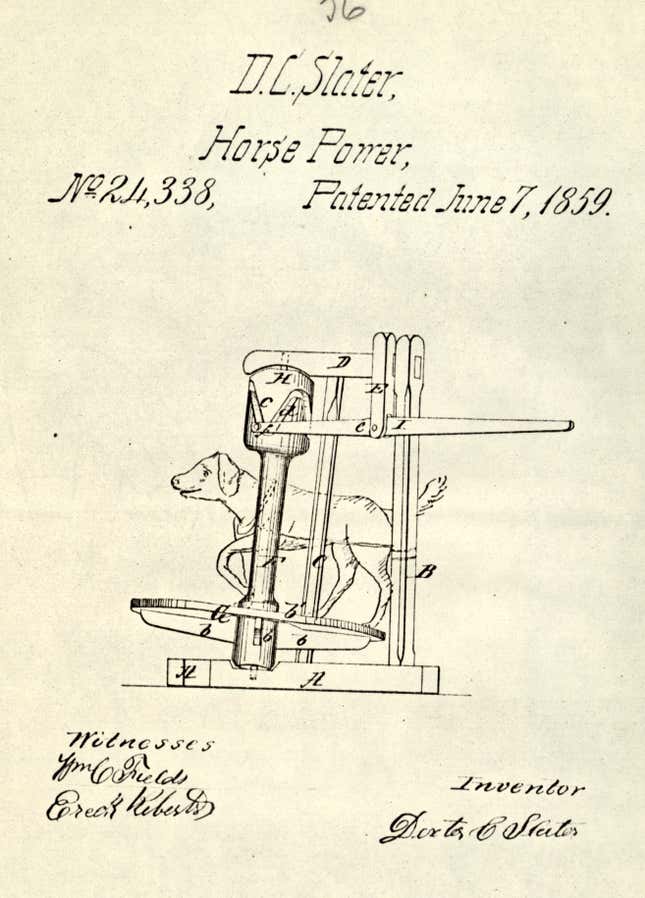 Dexter C Slater’s patented dog-power machine, patent no. 24338. The dog walks around a turning disc to provide enough power to operate a range of small machinery.
