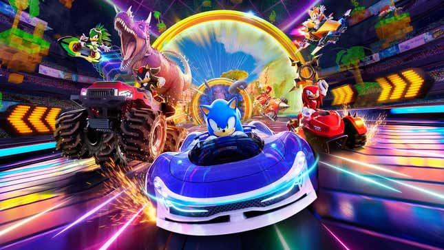 Sonic and friends race forward in fast cars. 