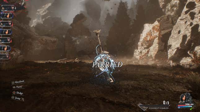 Lune parries an attack from the Troubadour.