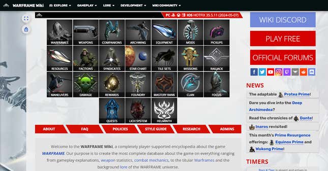 A screenshot of the Warframe Wiki, showing categories like Warframes, Weapons, Equipment, and so on.
