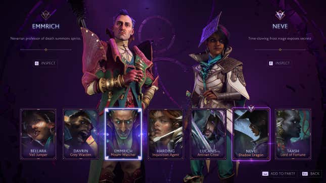 The screenshot shows the character selection in Dragon Age.