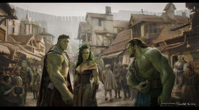 Hulk and She-Hulk talk to another Hulk in a village of Hulks.