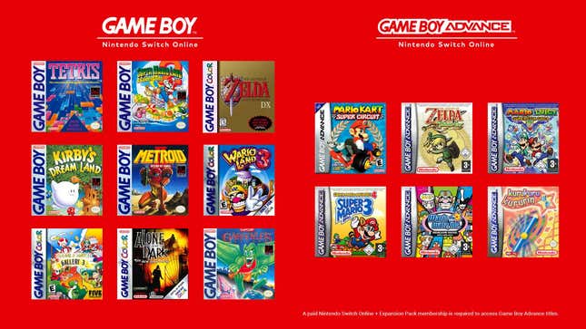 Game Boy and Game Boy Advance games are displayed on a red background. 