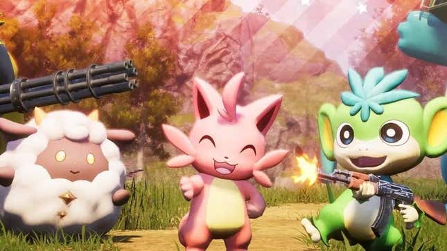 Cute creatures celebrate while holding guns.