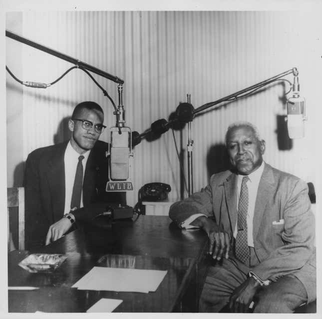 Malcolm X at Harlem Broadcasting Station, WLIB, expressing his views on the radio, with editor George S Schuyler, circa 1960-1965