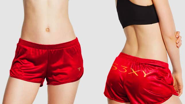 Red shorts with Tesla branding on the back 