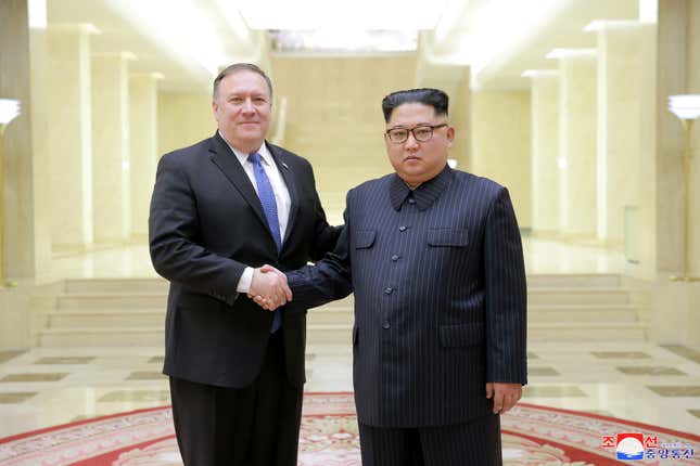 Pompeo meeting with Kim in Pyongyang, in an image release May 9.