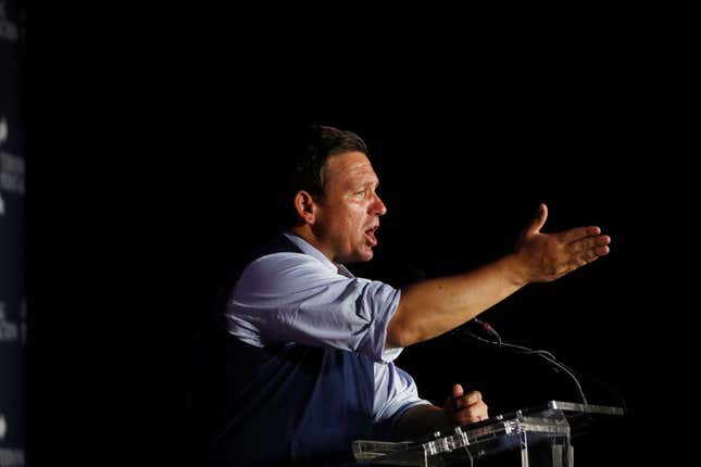 CLEARWATER, FL - NOVEMBER 05: Florida Gov. Ron DeSantis gives a campaign speech during the Unite &amp; Win Rally at the OCC Roadhouse &amp; Museum on November 5, 2022, in Clearwater, Florida. DeSantis continues campaigning against Democratic gubernatorial candidate Charlie Crist ahead of the midterm elections on November 8th.