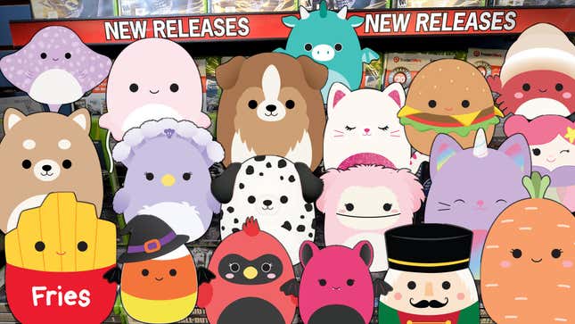 Squishmallows sit menacingly on a GameStop shelf.