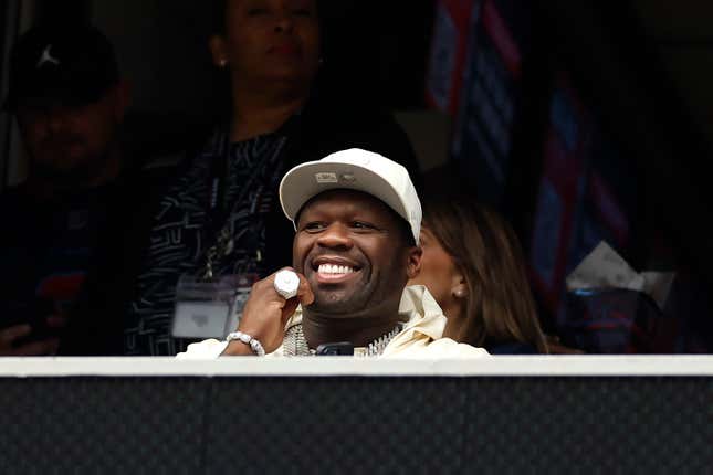 HOUSTON, TEXAS - SEPTEMBER 29: Rapper 50 Cent attends an NFL game between the Jacksonville Jaguars and Houston Texans at NRG Stadium on September 29, 2024 in Houston, Texas. 