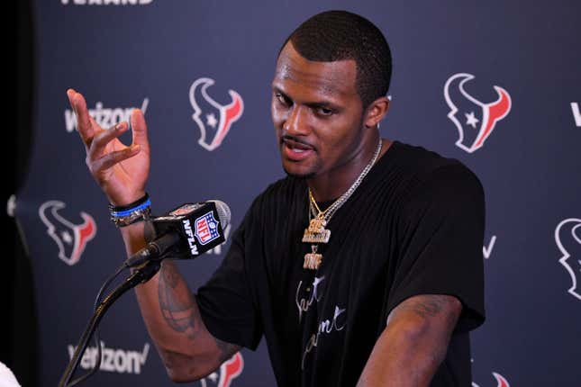 Former Houston Texans quarterback Deshaun Watson speaks during a news conference after an NFL football game against the Los Angeles Chargers, Sunday, Sept. 22, 2019, in Carson, Calif.