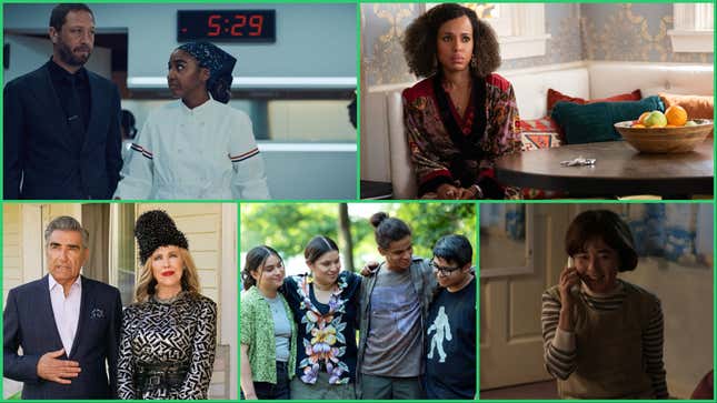 Clockwise from bottom left: Eugene Levy and Catherine O’Hara in Schitt’s Creek; Ebon Moss-Bachrach and Ayo Edebiri in The Bear; Kerry Washington in UnPrisoned; Maya Erskine in Pen15; Devery Jacobs, Paulina Alexis, D’Pharaoh Woon-A-Tai, and Lane Factor in Reservation Dogs