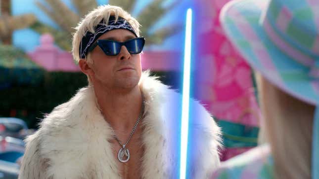 Ryan Gosling as Ken holding a blue lightsaber. 