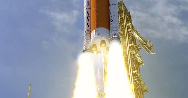 Artist’s depiction of SLS during launch, with four RS-25 engines, along with a pair of solid rocket boosters, providing 8.8 million pounds of thrust. 