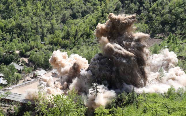 A command post of Punggye-ri nuclear test ground is blown up during the dismantlement process in Punggye-ri, North Hamgyong Province, North Korea May 24, 2018. Picture taken May 24, 2018.