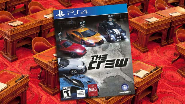 Une image montre la couverture de The Crew devant le Sénat de Californie. 