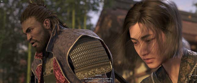 Naoe and Yasuke talk to one another while standing side-by-side.