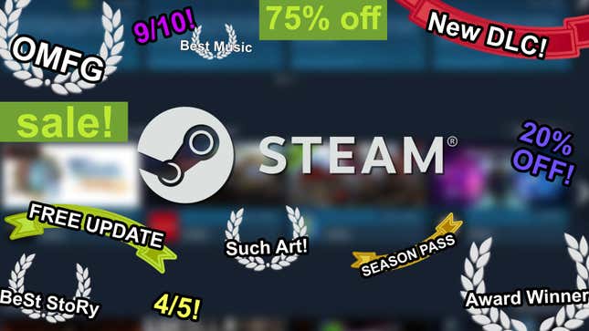 Award symbols, discount announcements, and review scores clutter a Steam store front in a Photoshopped image.