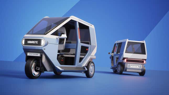 render of two three-wheeled tuk tuks on a blue background