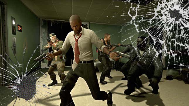 A screenshot shows Left 4 Dead survivors fighting off zombies. 