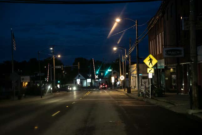 Dusk settles over Anna, Ill., on Saturday, Aug. 1, 2020. “Sundown towns” like Anna were places where Black people were allowed in during the day to work or shop but had to be gone by nightfall. 