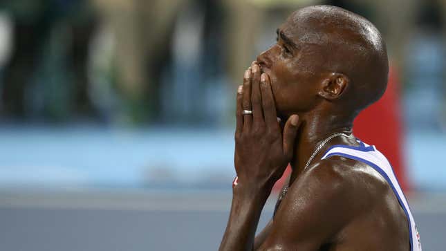 Mo Farah (GBR) of Britain reacts after winning the men's 10,000m final at the Rio 2016 Olympics.