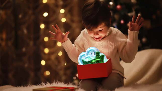 An image shows a kid opening a red box filled with video game currencies. 