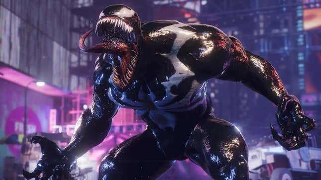 Venom snarls menacingly as he pursues Kraven in Times Square.