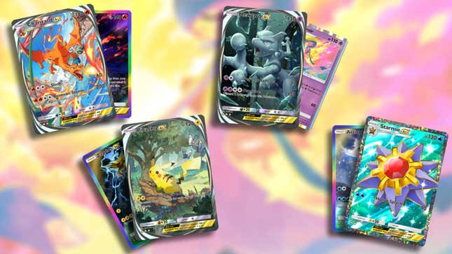 A collection of pairs of Pokemon cards, laid out across a blurred Gardevoir background.