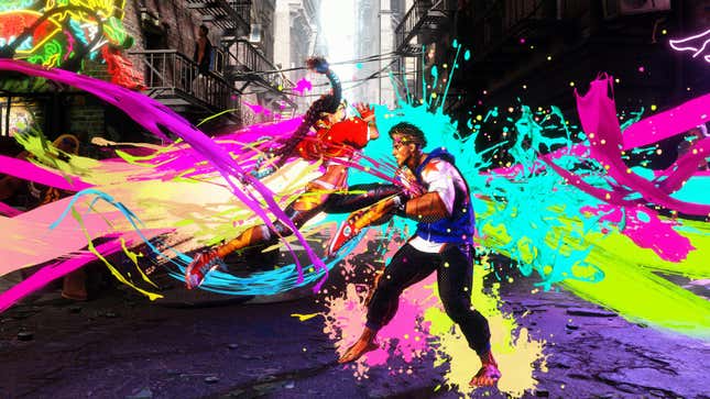 Color splashes across the screen in a Street Fighter VI battle. 