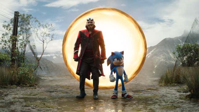 Eggman and Sonic walk out of a portal.