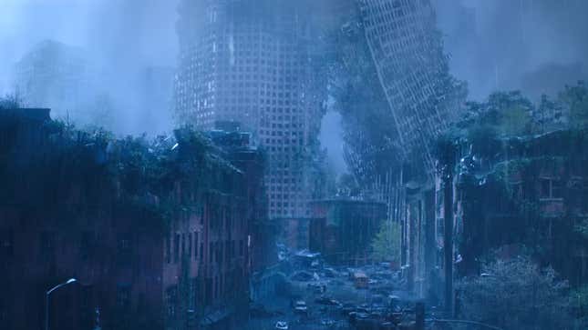 A skyscraper leans into another building in an apocalyptic scene.