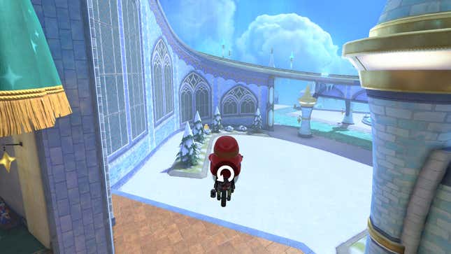A screenshot from Mario Kart World. A circular arrow is in the middle of the screen, indicating that the Rewind command is in use.