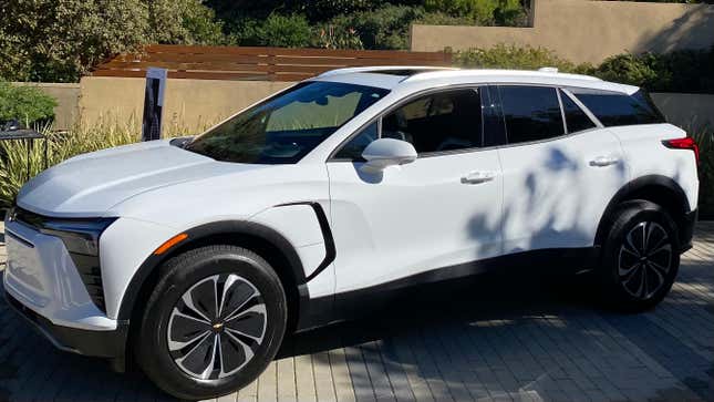 A Blazer EV LT in white showing off its very normal door handles