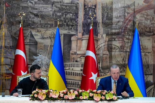 Turkish President Recep Tayyip Erdogan, right, talks during a joint news conference with Ukrainian President Volodymyr Zelenskyy following their meeting at Dolmabahce palace in Istanbul, Turkey, Friday, March 8, 2024. (AP Photo/Francisco Seco)