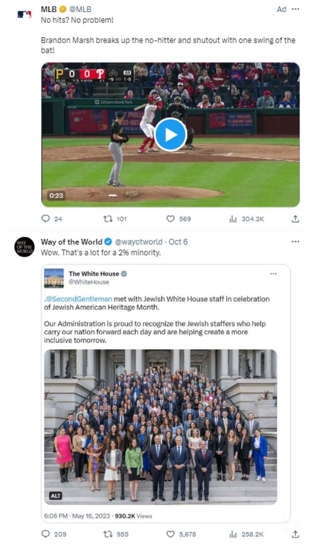 Image for article titled MLB ads showing up on antisemitic X account as war between Israel and Hamas continues to rage