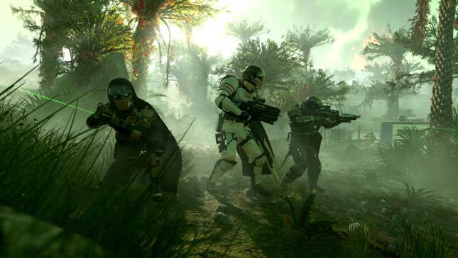 Screenshot of three players in a Helldivers 2 environment.