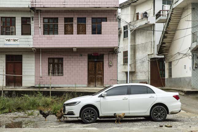 Hühner fressen Insekten, die am Donnerstag, den 26. Oktober 2023, im Dorf Taishang in der Nähe von Yichun, China, auf einem Elektrofahrzeug festsitzen. Ein Roadtrip mit dem Elektrofahrzeug durch China zeigt, wie Wirtschaft und Verbraucherpräferenzen die Energiewende beschleunigen.